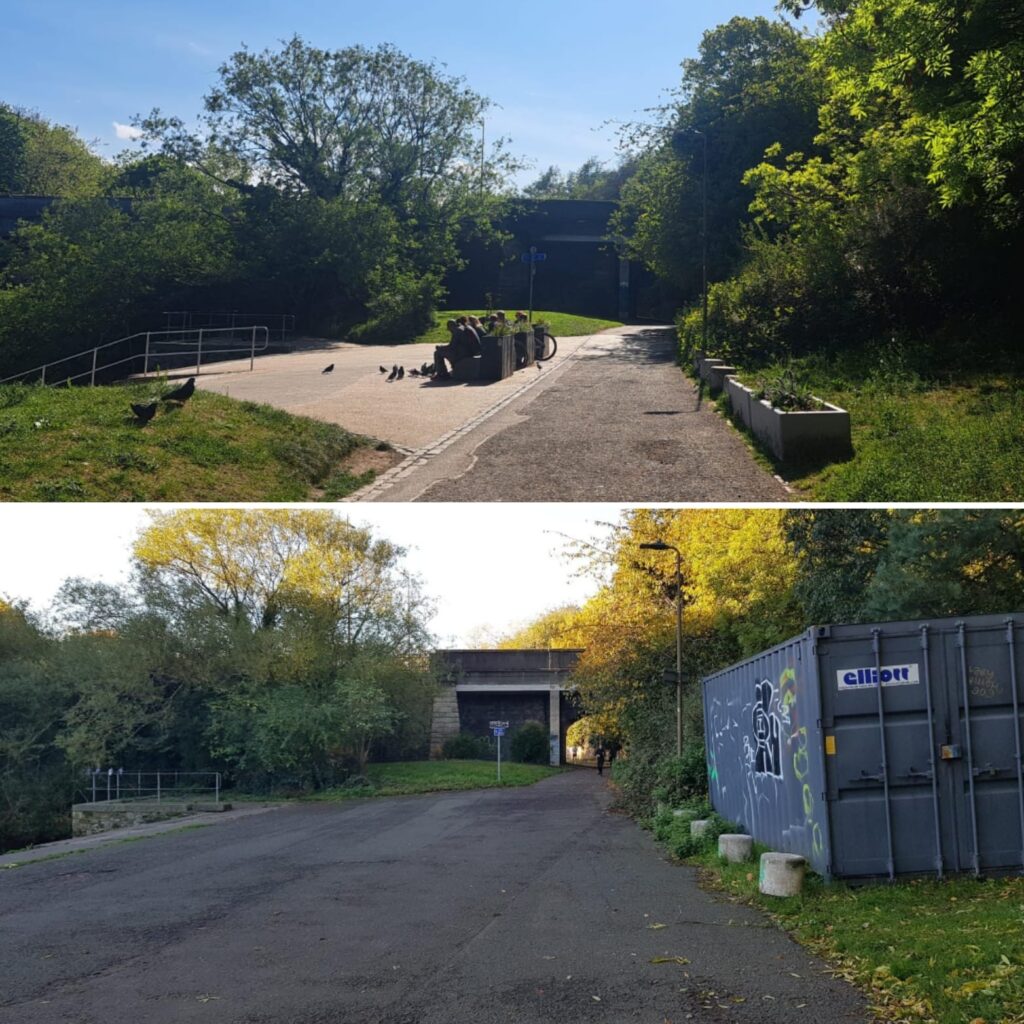 two pictures of Coalie Park comparing before and after the improvement works